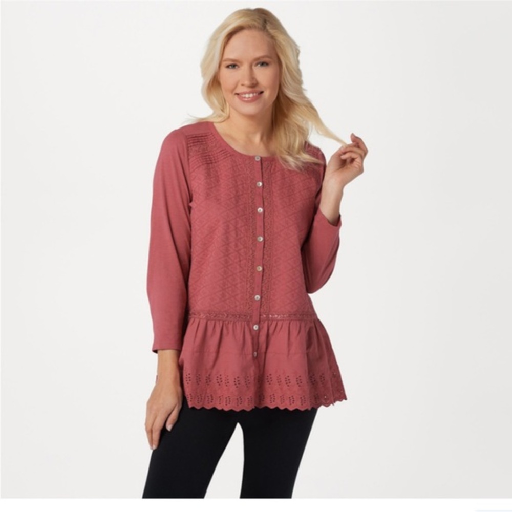 Logo Lavish by Lori Goldstein Boho Dusty Rose Embroidered,Eyelet Peplum Top Sz M